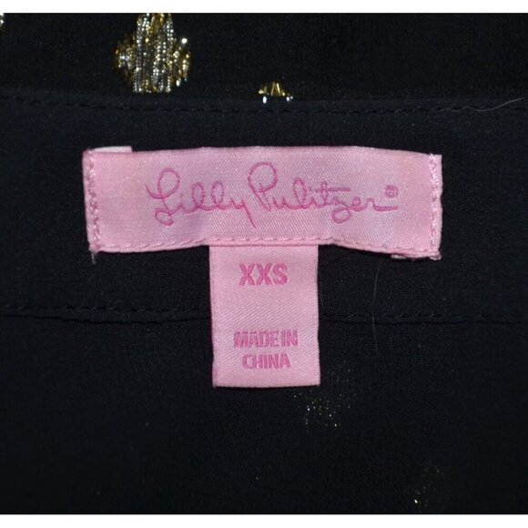 Lilly Pulitzer Ladies XXS Black Silk Blouse Gold Metallic Dots Bell Sleeve - Picture 9 of 11